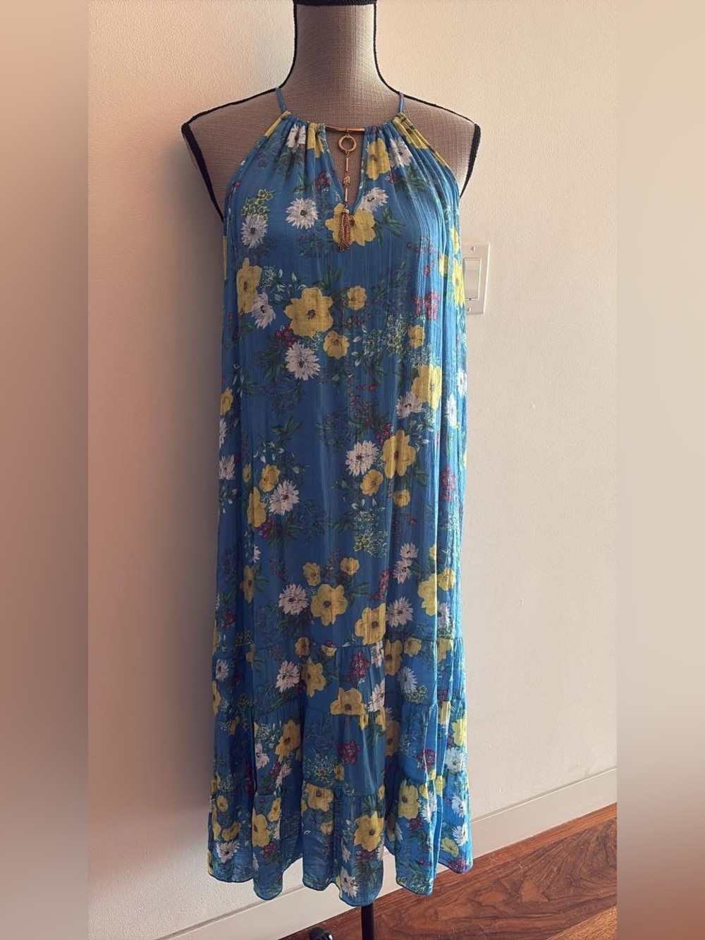 Mlle Gabrielle Blue Floral Maxi dress with Jewelry size Large